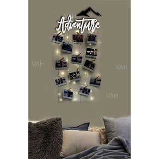                       VAH White Advanture Hanging Photo Display Picture Frame Collage Picture Display Organizer with Wood Clips and LED Light                                              