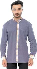 Bureture Men's Navy-Blue Mandarin Collar Checkered Shirt
