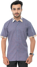 Bureture Men's Navy-Blue Spread Collar Checkered Shirt