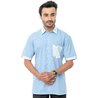                       Bureture Men's Soft Blue Spread Collar Printed Shirt                                              