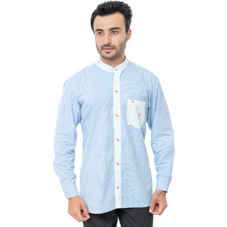 Bureture Men's Soft Blue Mandarin Collar Printed Shirt