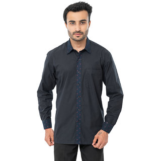                       Bureture Men's Raven Song Black Spread Collar Solid Shirt                                              