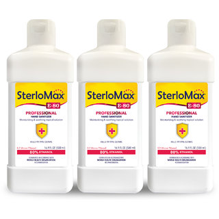 SterloMax Pack of 3 - 80 percent Ethanol-based Hand Rub Sanitizer and Disinfectant 500 ML