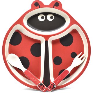 Eco Friendly Bamboo Fibre Kids Feeding Set with Divider Plate - Ladybug/Red