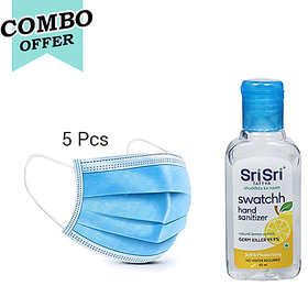 5pc Blue Surgical Mask Band Type 60ml Sri Sri Swatchh Hand Sanitizer