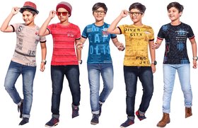 Kavin's Cotton Trendy T-Shirt for boys, Pack of 5, Multicolored, Combo Pack - Rig