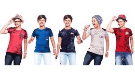 Kavin's Cotton Trendy T-Shirt for boys, Pack of 5, Multicolored, Combo Pack - Ruby