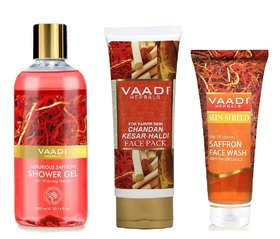 Vaadi Herbals Saffron Face Wash, Chandan Haldi Kesar Face Pack and Saffron Shower Gel (Pack of 1)