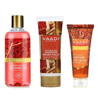                      Vaadi Herbals Saffron Shower Gel, Saffron Face Wash and Chandan Haldi Kesar Face Pack combo (Pack of 1 each)                                              