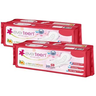 everteen XL Sanitary Napkin Pads with Neem and Safflower,Cottony-Soft Top Layer for Women  2 Packs (20 Pads Each,280mm)