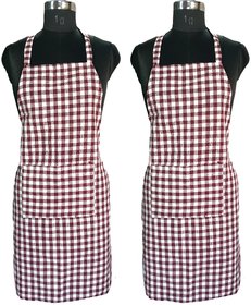 SHOP BY ROOM Cotton Checks Kitchen Apron with Front Pocket For Home and Restaurant - Pack of 2 - Maroon And White
