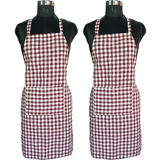 SHOP BY ROOM Cotton Checks Kitchen Apron with Front Pocket For Home and Restaurant - Pack of 2 - Maroon And White