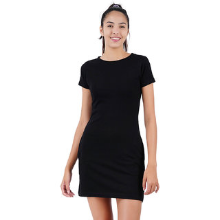 Stoovs Jet Black Cotton Round Neck Maxi T Shirt Dress For Women