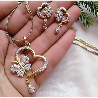                       Sunhari Jewels Heart Shape Ad And Gold Plated Big Size Pendant Necklace Set For Women                                              