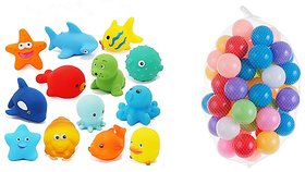 Kuhu Creations Entertaining Colorful Bath Toys. (3 Squeezing Animals, 6 Balls., Multicolor Balls).