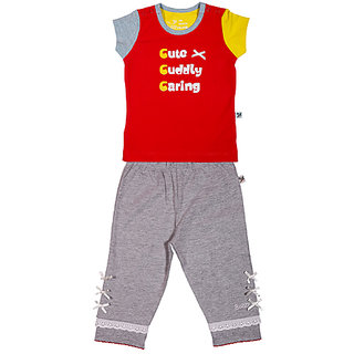 BUZZY Girl's Red Printed Combo Set (Top and Legging)
