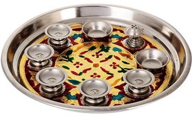 Kesar Zems Steel Pooja Thali (27 cm x 27 cm x 3 cm, Silver, Pack of 9)