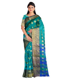 Kanieshka Fashions Silk Saree Firozi Green Xend with Broad Border Attached Blouse