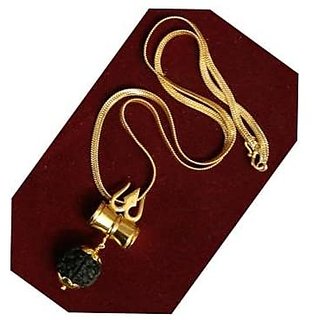 Rudraksha Pendent with Damaru Attached to Lord Shivas Trishul Golden Plated Rudraksha Pendent with Damaru Attached to Lord Shivas Trishul Golden Plated