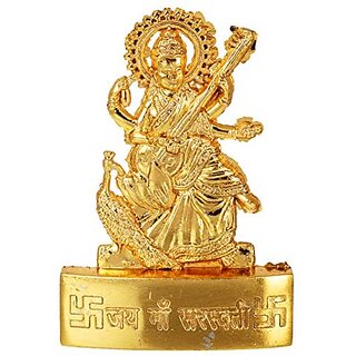 Kesar Zems Zinc Goddess Maa Saraswati Idol (7 cm x 5 cm x 0.5 cm Gold)