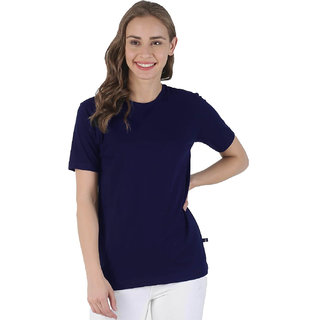 Stoovs, Women Cotton T-Shirt, Navy Blue Solid Half Sleeve T-shirt