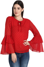 Raabta Red With White Short Dotted Printed Bell Sleeves Top