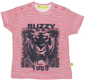 Buzzy Boy's Red Striped Round Neck Cotton T-shirt