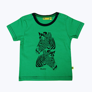                       Buzzy Boy's Green Zebra Print Round Neck Cotton T-shirt                                              