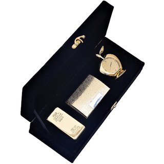 JEWEL FUEL 24K Gold Plated Gold Bar Paper Weight, Visiting Card Holder and Apple Table Clock Gift Set