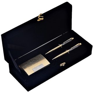JEWEL FUEL German Silver Gold Plated 2 Ball Pen and Gold Plated Visiting Card Holder Gift Set