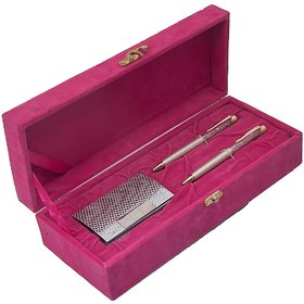 JEWEL FUEL 2 German Silver Crystal Filled Ball Pen and Silver Plated Visiting Card Holder Gift Set