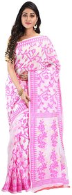 Desh Bidesh Womens Handloom Soft Resham Dhakai jamdani Bengal Cotton Silk Tant Saree  with Blouse Pcs (Pink White)