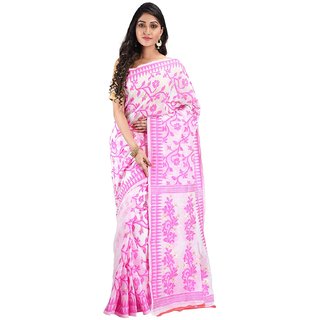                       Desh Bidesh Womens Handloom Soft Resham Dhakai jamdani Bengal Cotton Silk Tant Saree  with Blouse Pcs (Pink White)                                              