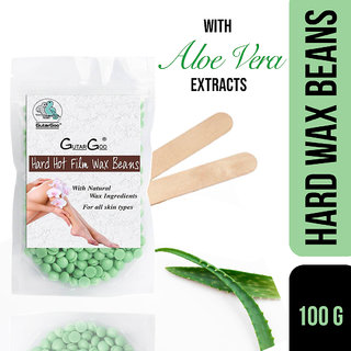                       GutarGoo Painless Brazilian Hair Removal Hard Film Hot Wax Beans with free spatula (100g, Nourishing Green Aloe Vera)                                              
