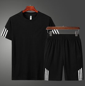 29K Men Black Casual Striped T-Shirt Short Set