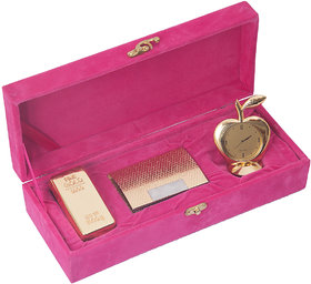 JEWEL FUEL 24K Gold Plated Gold Bar Paper Weight, Visiting Card Holder and Apple Shape Table Clock Gift Set
