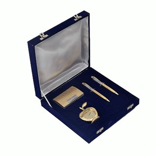 JEWEL FUEL 2 German Silver Gold Plated Ball Pen, Gold Plated Visiting Card Holder, Apple Table Clock Gift Set