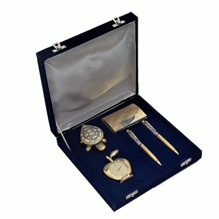 JEWEL FUEL 2 German Silver Gold Plated Ball Pen, Visiting Card Holder, Apple Table Clock and Fengshui Tortoise Gift Set