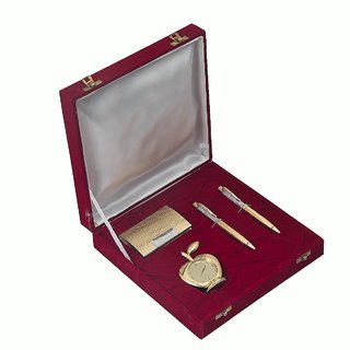                       JEWEL FUEL 2 Gold Plated Ball Pen, Gold Plated Apple Table Clock, Gold Plated Visiting Card Holder Gift Set                                              