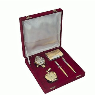                       JEWEL FUEL 2 Gold Plated Ball Pen, Visiting Card Holder, Fengshui Tortoise and Apple Table Clock Gift Set                                              