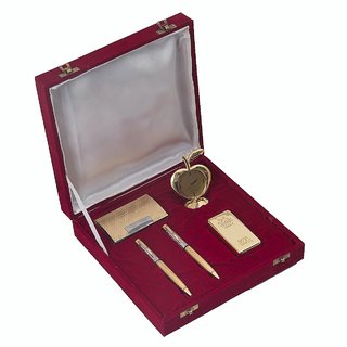                       JEWEL FUEL 2 Gold Plated Pen, Gold Bar Paper Weight, Apple Table Clock and Visiting Card Holder Gift Set                                              