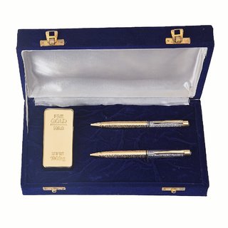                       JEWEL FUEL 2 German Silver Gold Plated Ball Pen and Gold Plated Gold Bar Paper Weight Gift Set                                              
