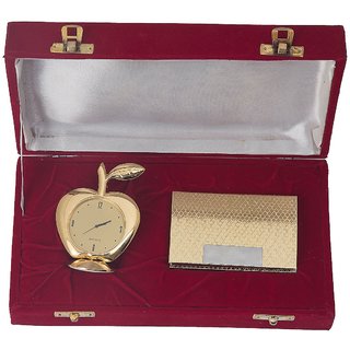                       JEWEL FUEL Gold Plated Visiting Card Holder and Gold Plated Apple Table Clock Gift Set                                              