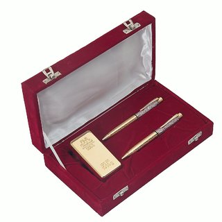                       JEWEL FUEL Gold Bar Gold Plated Paper Weight and 2 German Silver Gold Plated Ball Pen Gift Set                                              