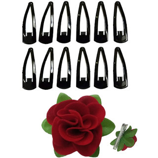 Arooman Set of 12 Tic Tac Hair clip (Black) and 1 Fabric Red Rose Flower Hair Clip Hair Accessories For Girls/ Women