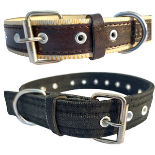                       Denim  faux leather Dog Collar  adjustable Neck 9 to 12 inch Belt For Xtra Small Dogs Blue and Brown combo pack of 2                                              