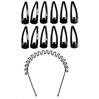 Maahal Set of 12 Tic Tac Hair clip (Black) and 1 Zig Zag Hair Band Hair Accessories For Girls/ Women