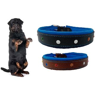                       Denim and faux leather Dog Collar  adjustable Neck 15 to 18 inch Belt For Medium Dogs Blue and Brown combo pack of 2                                              