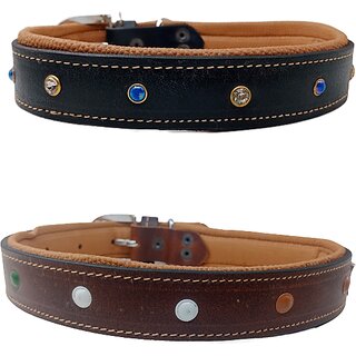                       faux leather Dog Collar  adjustable Neck 15 to 18 inch Belt For Medium Dogs Black and Tan combo pack of 2                                              
