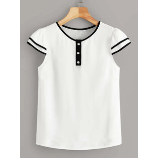 Vivient Women White Plain Black Strip Three Button Top